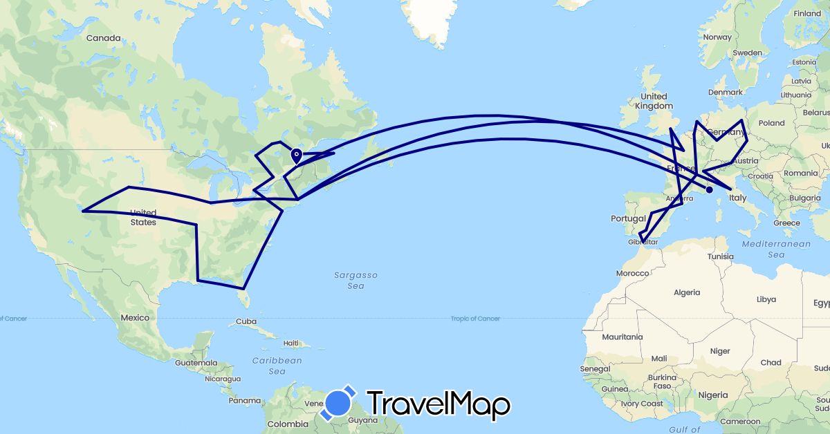 TravelMap itinerary: driving in Austria, Belgium, Canada, Switzerland, Czech Republic, Germany, Spain, France, United Kingdom, Gibraltar, Italy, Netherlands, United States (Europe, North America)